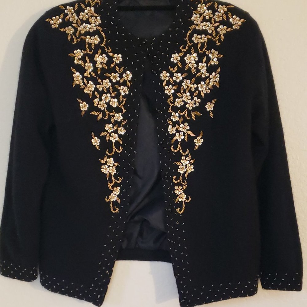 VINTAGE Unique Black Sweater With Gold Beaded & Sequined Front S-42